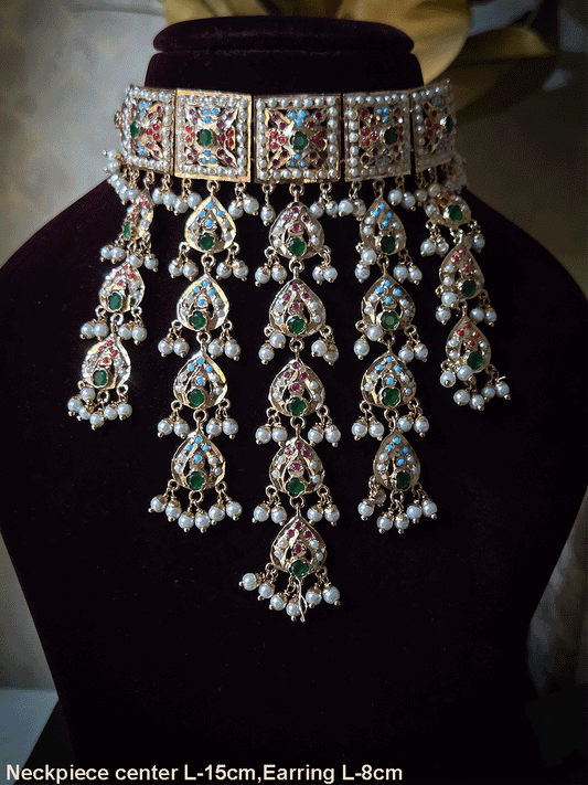 Square top muti coloured jadau connecting tukdies classy set with leaf design jadau tassels