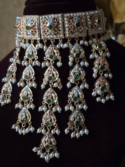 Square top muti coloured jadau connecting tukdies classy set with leaf design jadau tassels
