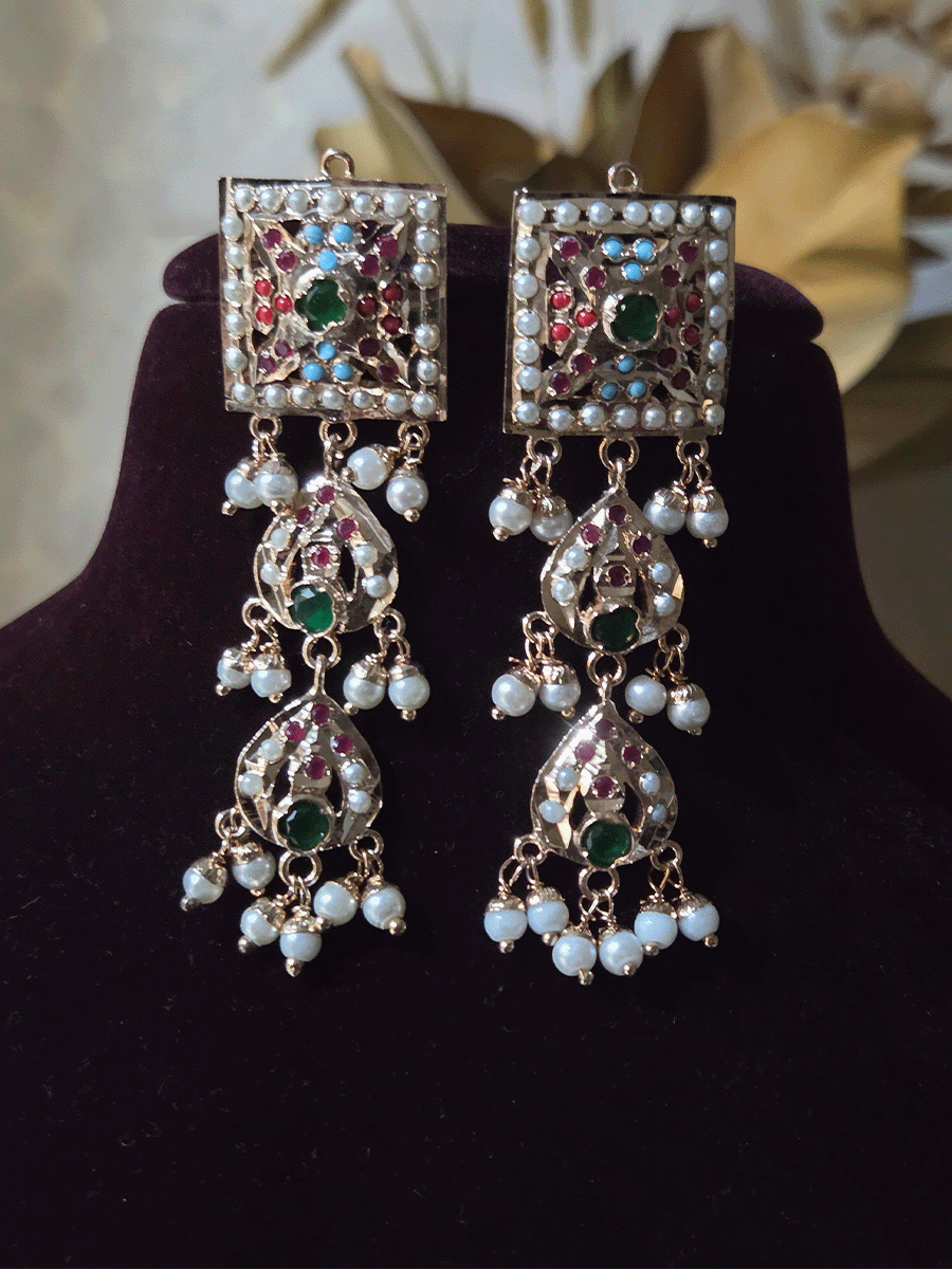 Square top muti coloured jadau connecting tukdies classy set with leaf design jadau tassels