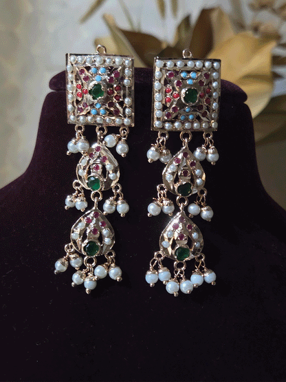 Square top muti coloured jadau connecting tukdies classy set with leaf design jadau tassels