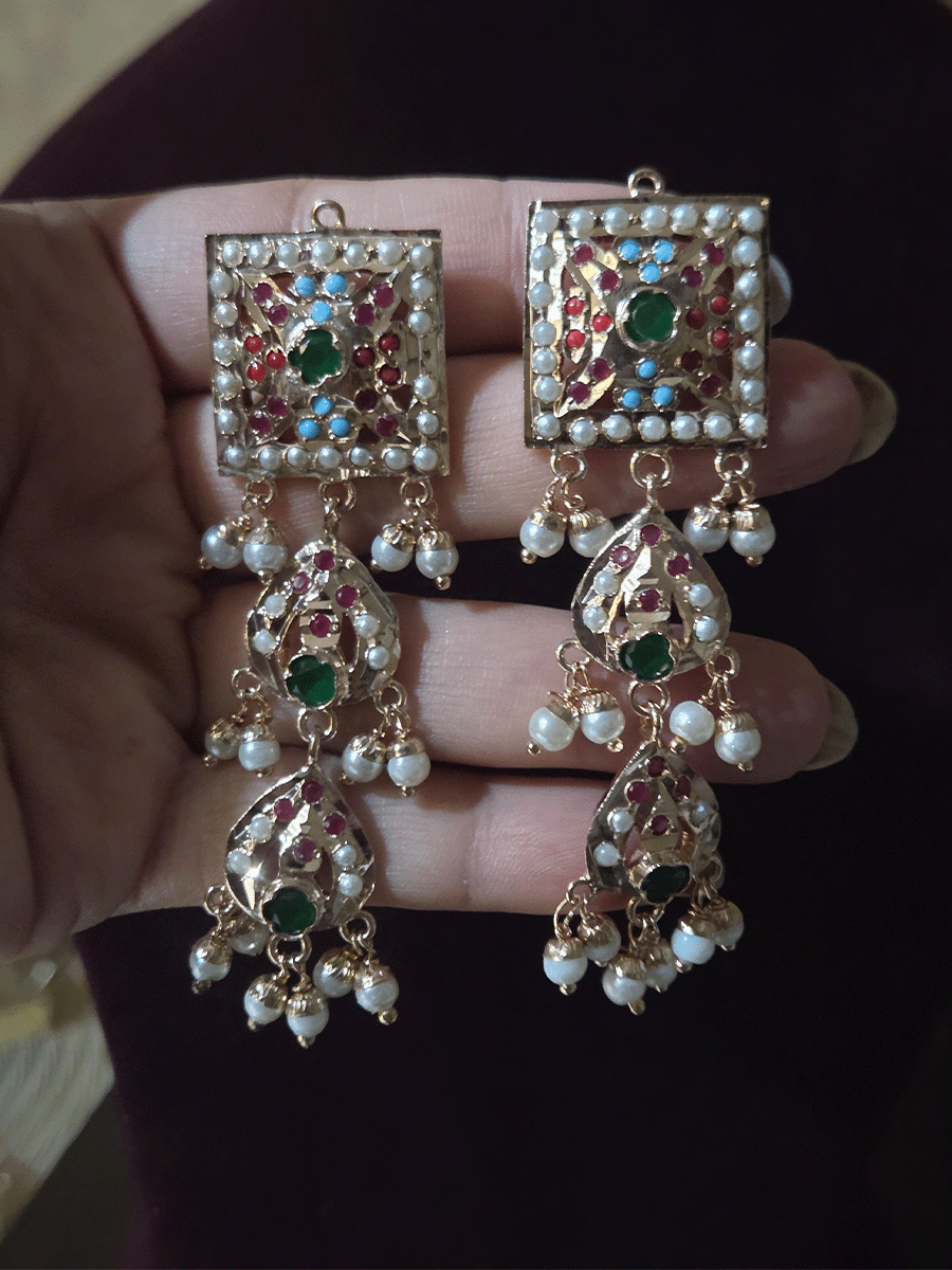 Square top muti coloured jadau connecting tukdies classy set with leaf design jadau tassels
