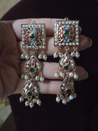 Square top muti coloured jadau connecting tukdies classy set with leaf design jadau tassels