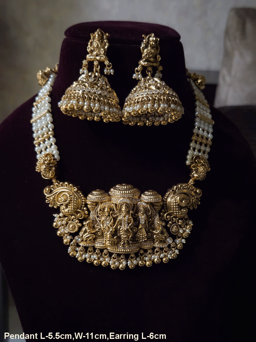 Ram durbar broad pendant set in pearl strings with intricate side carving (both long and short)
