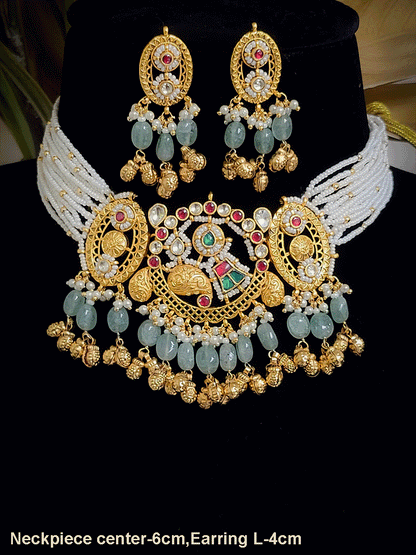 Paisley design paachi kundan center with oval side design aqua bead and ghunghru hangings set