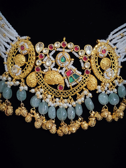 Paisley design paachi kundan center with oval side design aqua bead and ghunghru hangings set