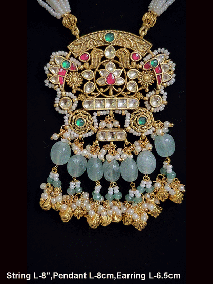 Antique gold finish 8 inch long string paachi kundan pendant set with aqua and ghunghru hangings
