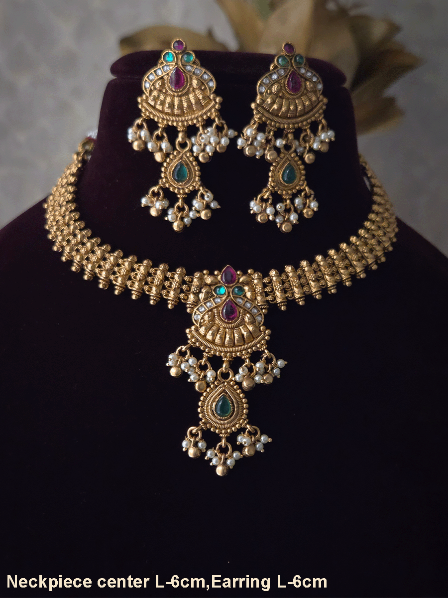 Kundan,green and ruby stone peacock design side broad chain set