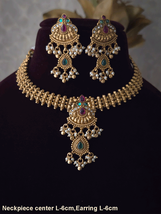 Kundan,green and ruby stone peacock design side broad chain set