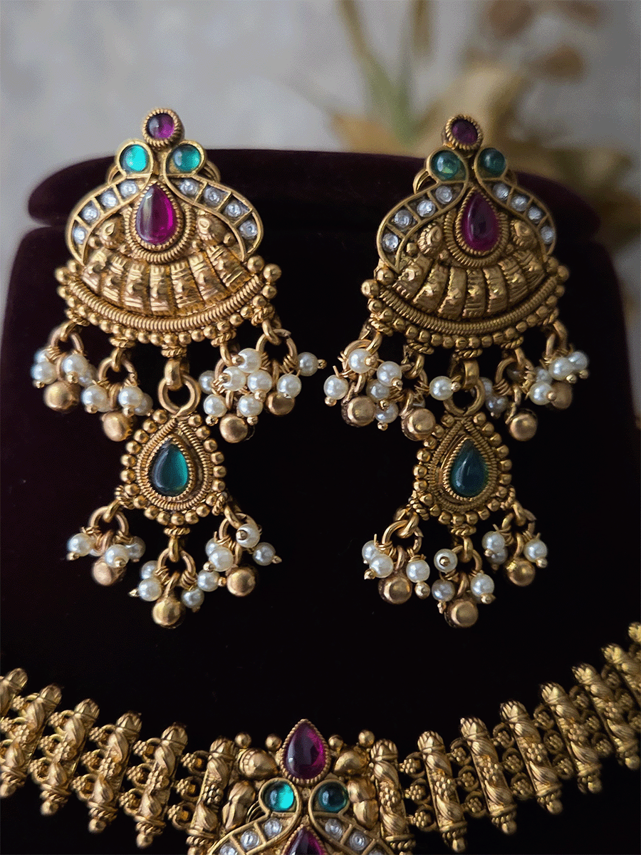 Kundan,green and ruby stone peacock design side broad chain set