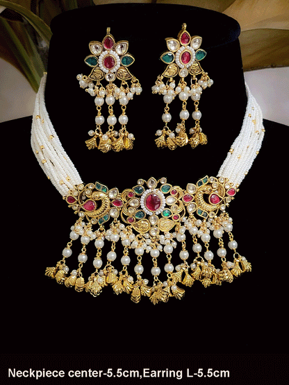 Flower center paachi kundan peacock side design side cheed strings set with ghunghru tassels