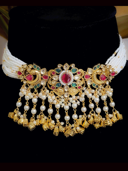 Flower center paachi kundan peacock side design side cheed strings set with ghunghru tassels