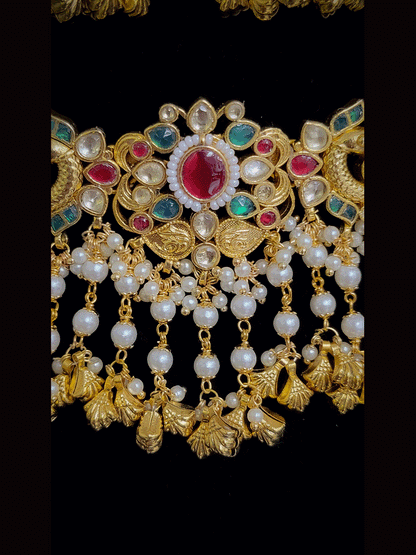 Flower center paachi kundan peacock side design side cheed strings set with ghunghru tassels