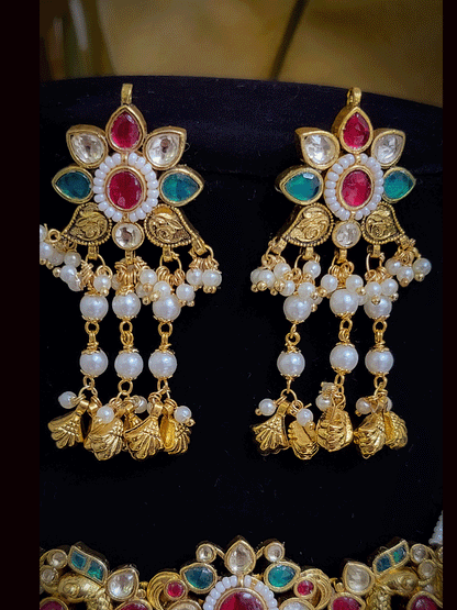 Flower center paachi kundan peacock side design side cheed strings set with ghunghru tassels