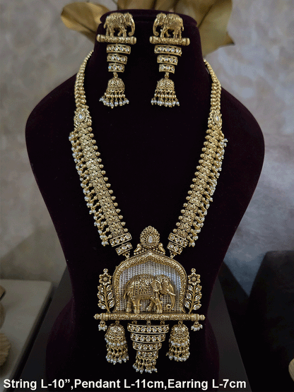 Broad chain with pearly hangings long elephant motif pendant set on beads back