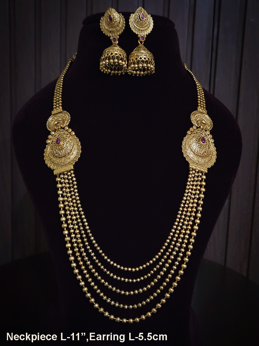 Leaf shaped side brooches with flower and moon top design long set with five gold bead strings