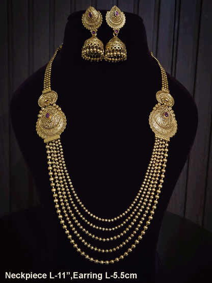 Leaf shaped side brooches with flower and moon top design long set with five gold bead strings