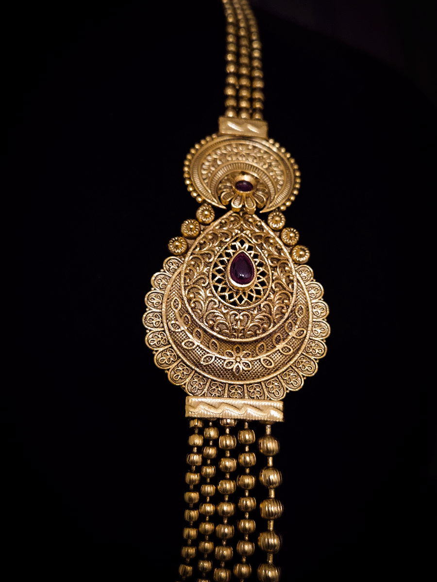 Leaf shaped side brooches with flower and moon top design long set with five gold bead strings