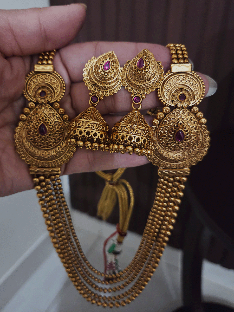 Leaf shaped side brooches with flower and moon top design long set with five gold bead strings