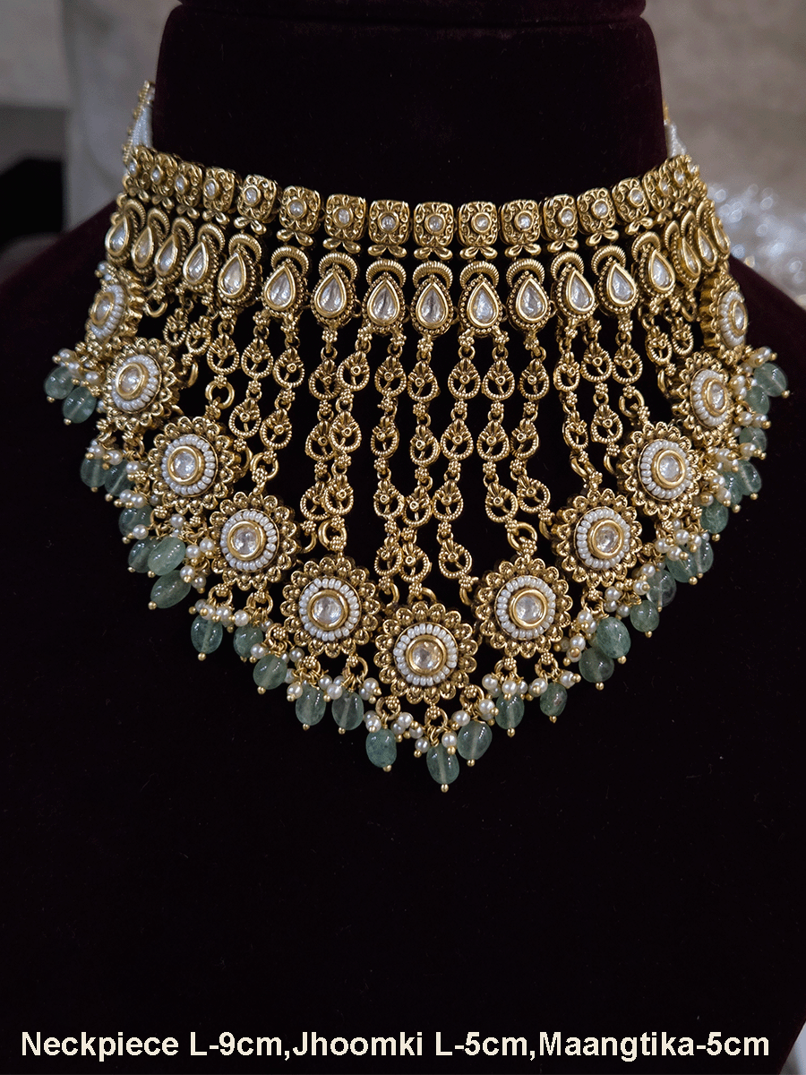 Leaf chain tassels circular kundan with pirohi 9cm long set with aqua beads