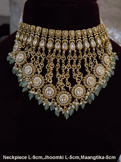 Leaf chain tassels circular kundan with pirohi 9cm long set with aqua beads