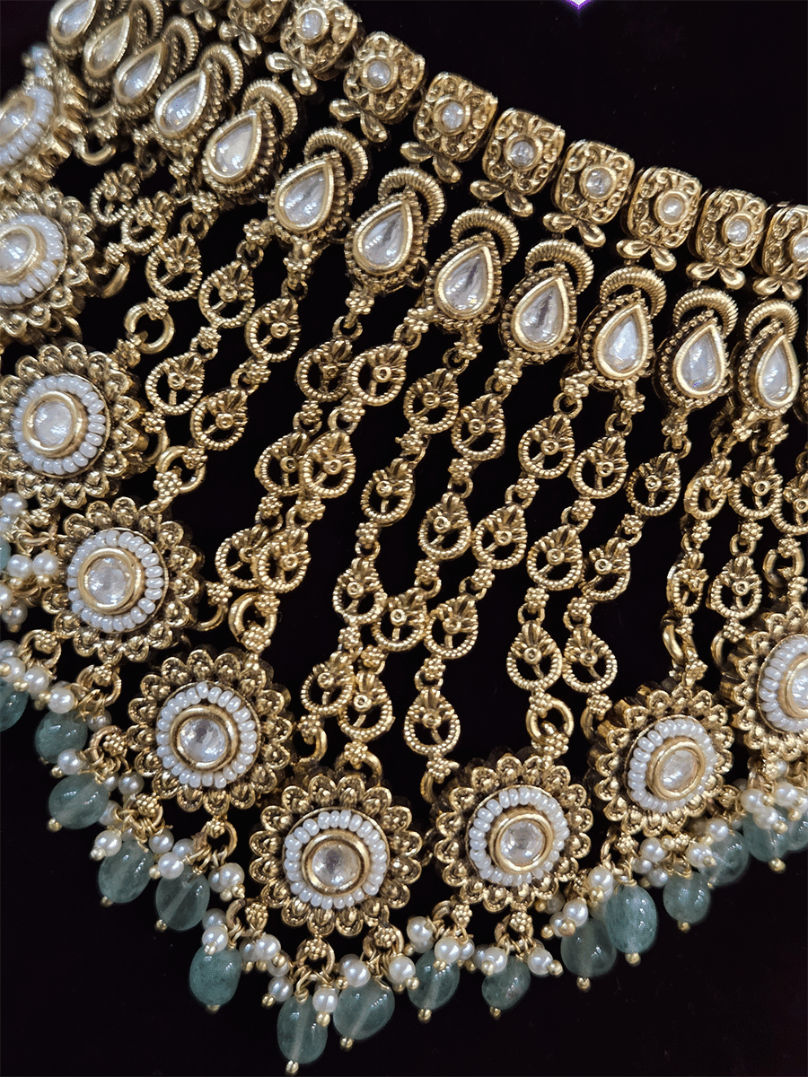 Leaf chain tassels circular kundan with pirohi 9cm long set with aqua beads