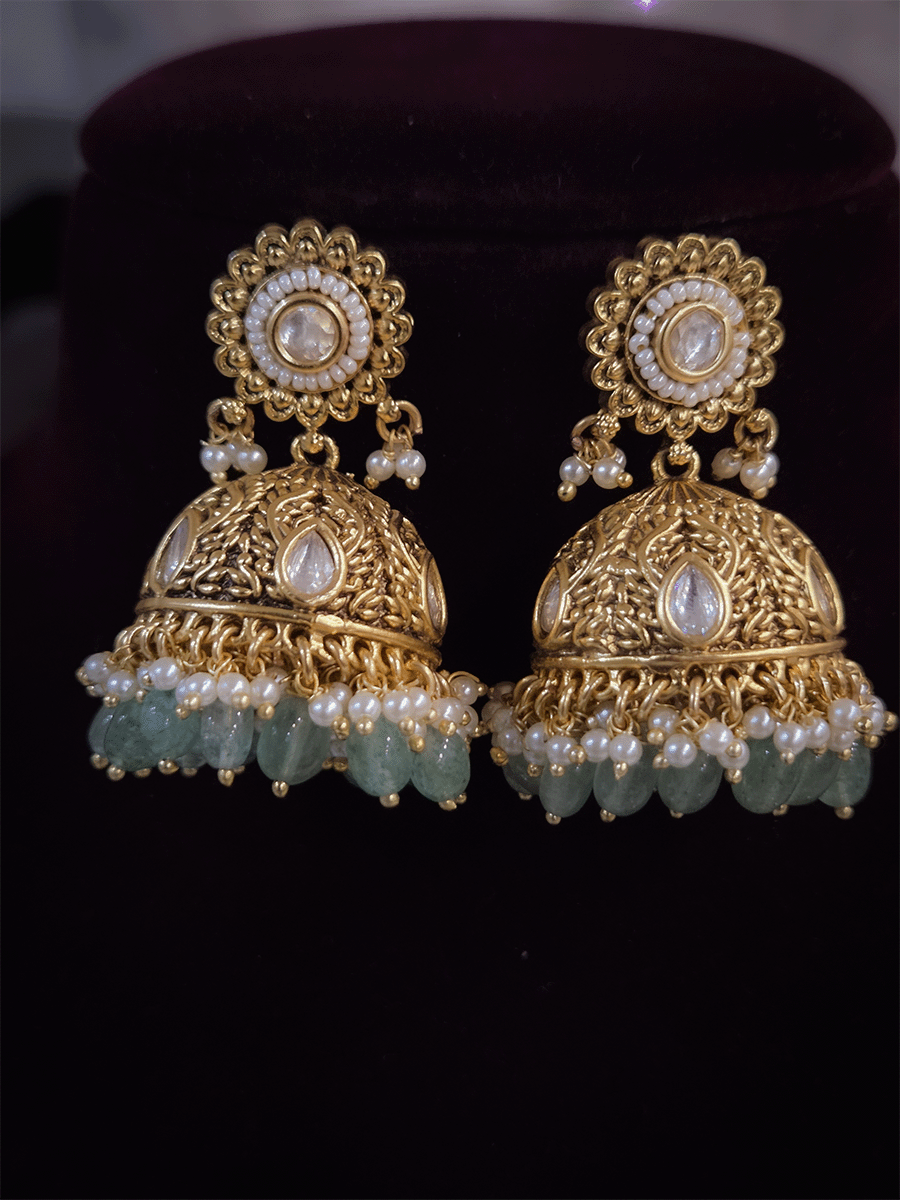 Leaf chain tassels circular kundan with pirohi 9cm long set with aqua beads