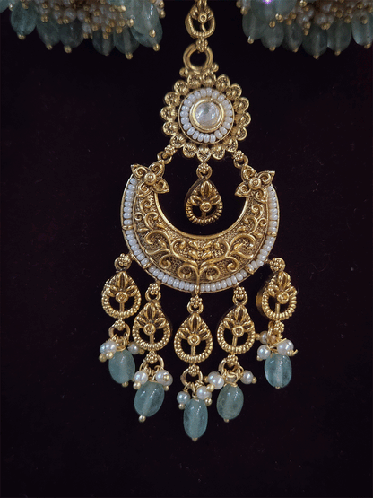 Leaf chain tassels circular kundan with pirohi 9cm long set with aqua beads