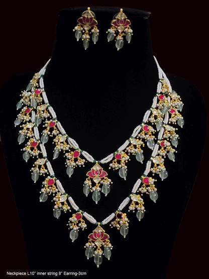 Paachi kundan double layer lotus tukdi in the center with aqua green drops set