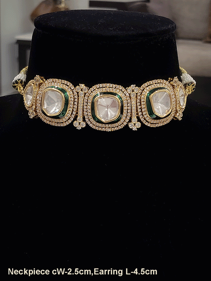 2.5cm broad uncut polki and zircon studded coloured enamel outline choker set