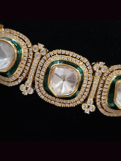 2.5cm broad uncut polki and zircon studded coloured enamel outline choker set