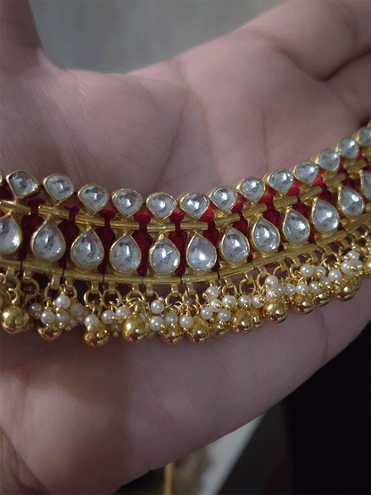 Gold plated woven thread back pacchi kundan set with ghunghru lace with jhoomkies