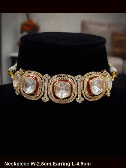 2.5cm broad uncut polki and zircon studded coloured enamel outline choker set