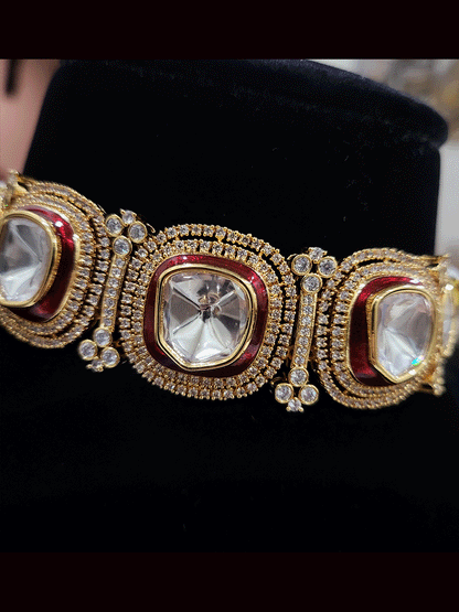 2.5cm broad uncut polki and zircon studded coloured enamel outline choker set