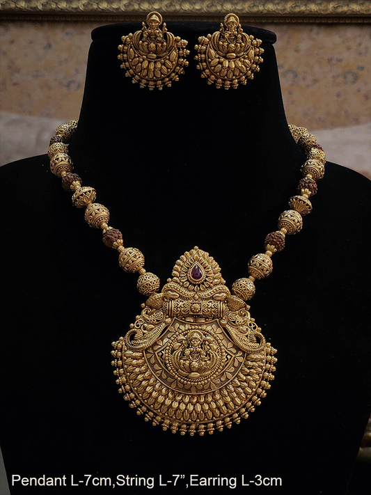 Matar bead and rudraksh string bold laxmiji motif pendant set