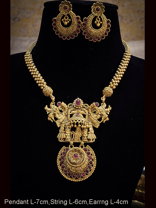 Gold bead woven string ruby stone studded varmala and groom pendant set