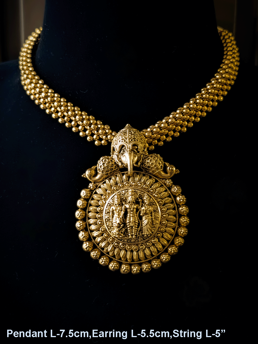 Circular Ram darbar with Ganpatiji top design pendant in woven gold bead string set