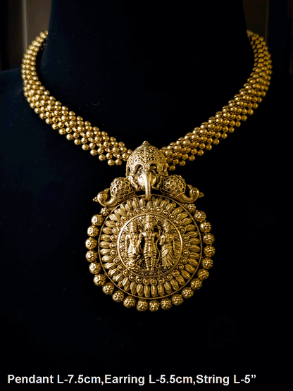 Circular Ram darbar with Ganpatiji top design pendant in woven gold bead string set