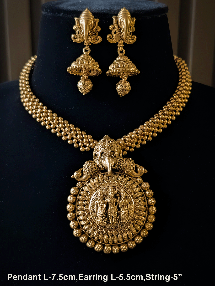 Circular Ram darbar with Ganpatiji top design pendant in woven gold bead string set