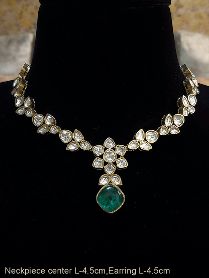 Flower center with square stone classy uncut polki set