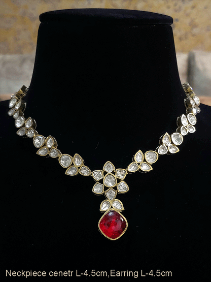 Flower center with square stone classy uncut polki set