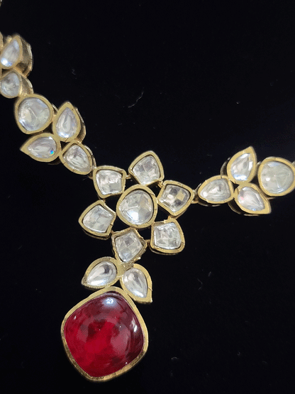 Flower center with square stone classy uncut polki set