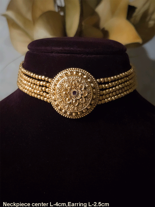 Circular flower design choker set with ruby stone in center and side 5 gold bead chains