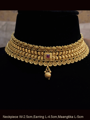 Square ruby stone in center of leaf design broad choker set with maangtika