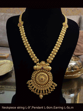 Load image into Gallery viewer, Oval self design side string long set with round bold pendant with matar bead drop
