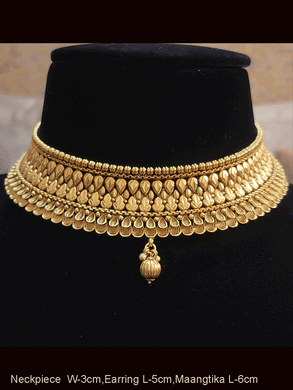 Leaf design broad choker set with wavy lace design on one side and gold bead drop