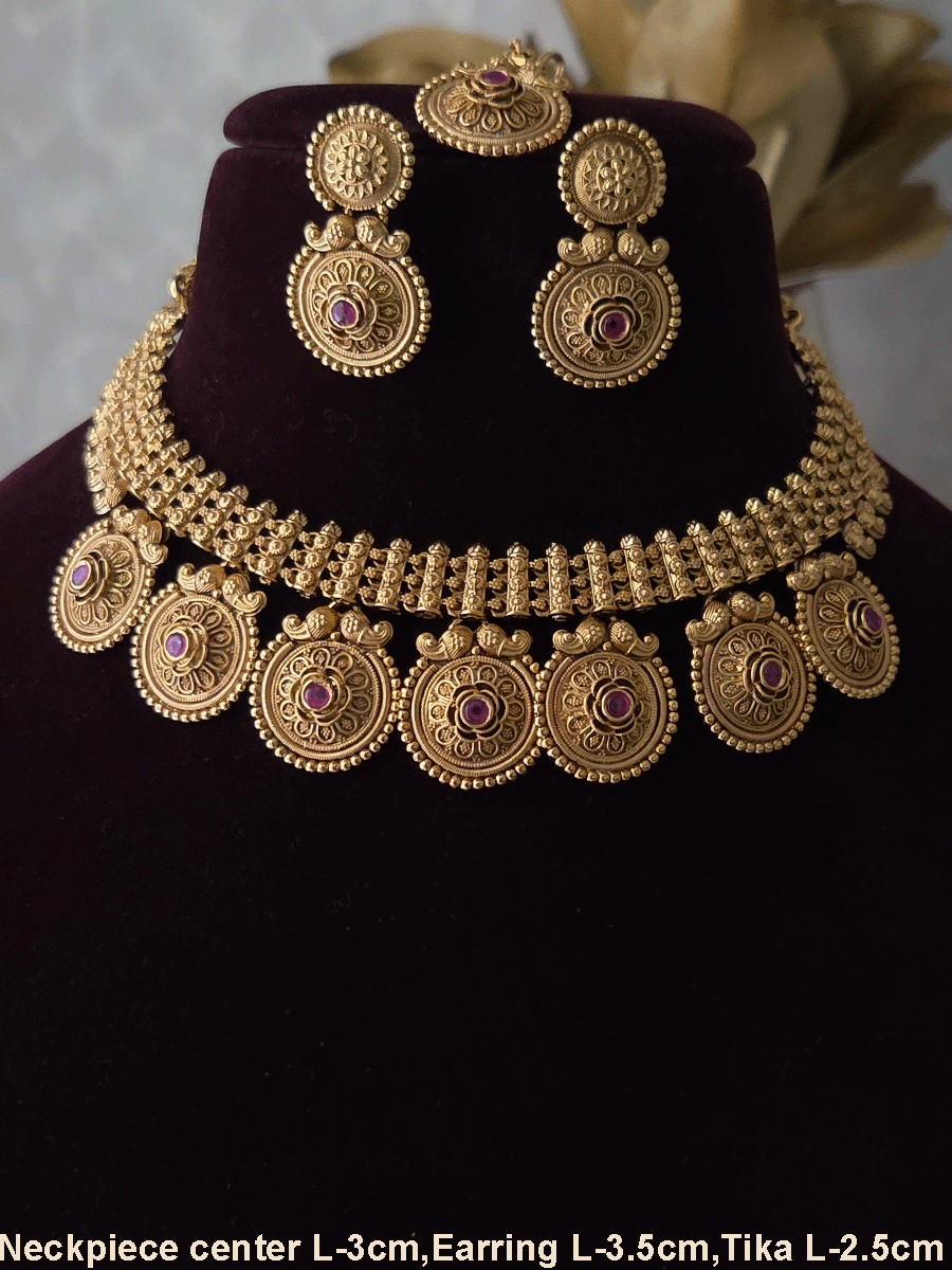 Broad chain with flower ruby stone deesign hanging circular tukdies set