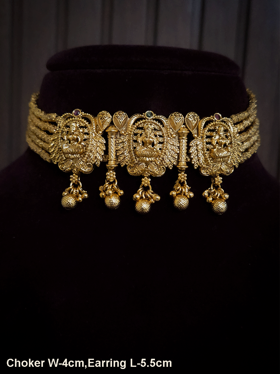 Five gold bead strings set with three laxmiji motif's