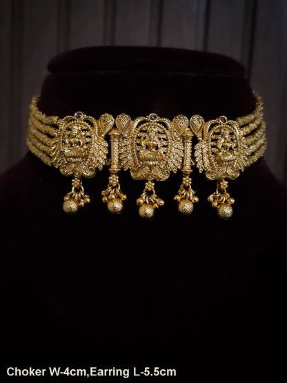 Five gold bead strings set with three laxmiji motif's