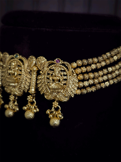Five gold bead strings set with three laxmiji motif's