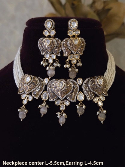 Inverted lotus coloured stones and uncut polki set with side cheed strings and bead drops